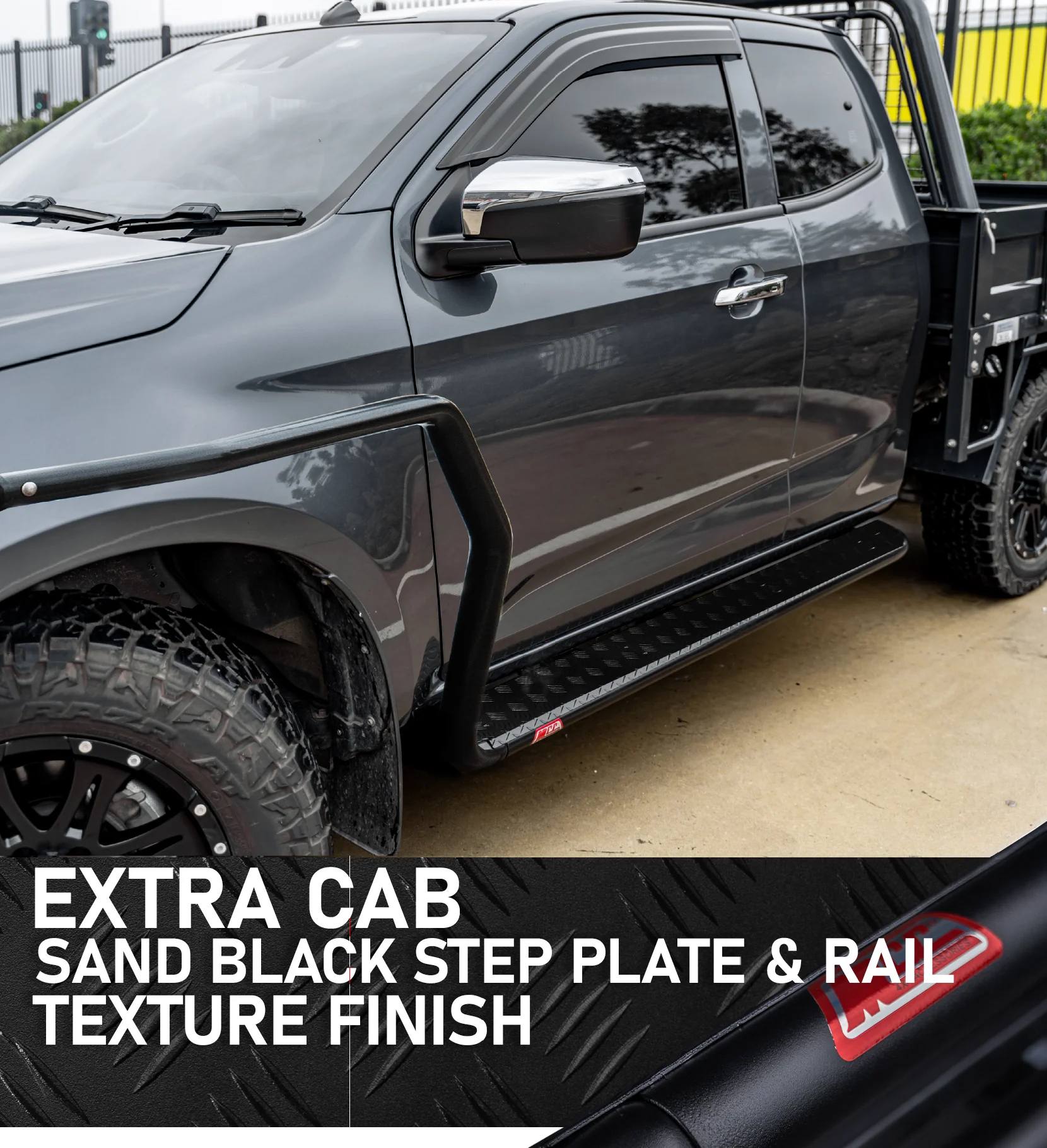 Dmax RG 2020-Present 039SBSR Extra Cab Side Step and Rail Package (Sand Black) (50mm Bull Bar)
