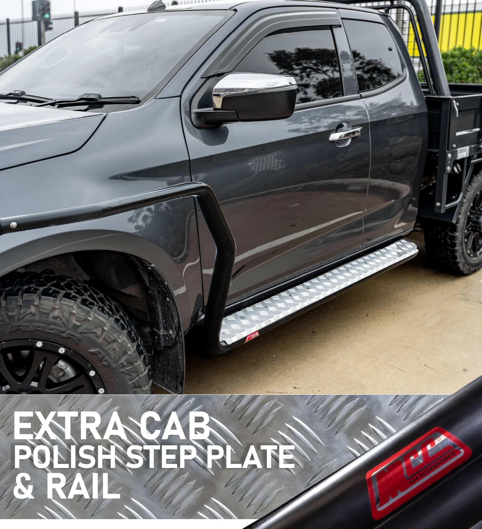 Hilux N80 2015-Current 039BSR808 Extra Cab Side Step and Rail Package (Chrome Step Plate) (60mm Bull Bar)