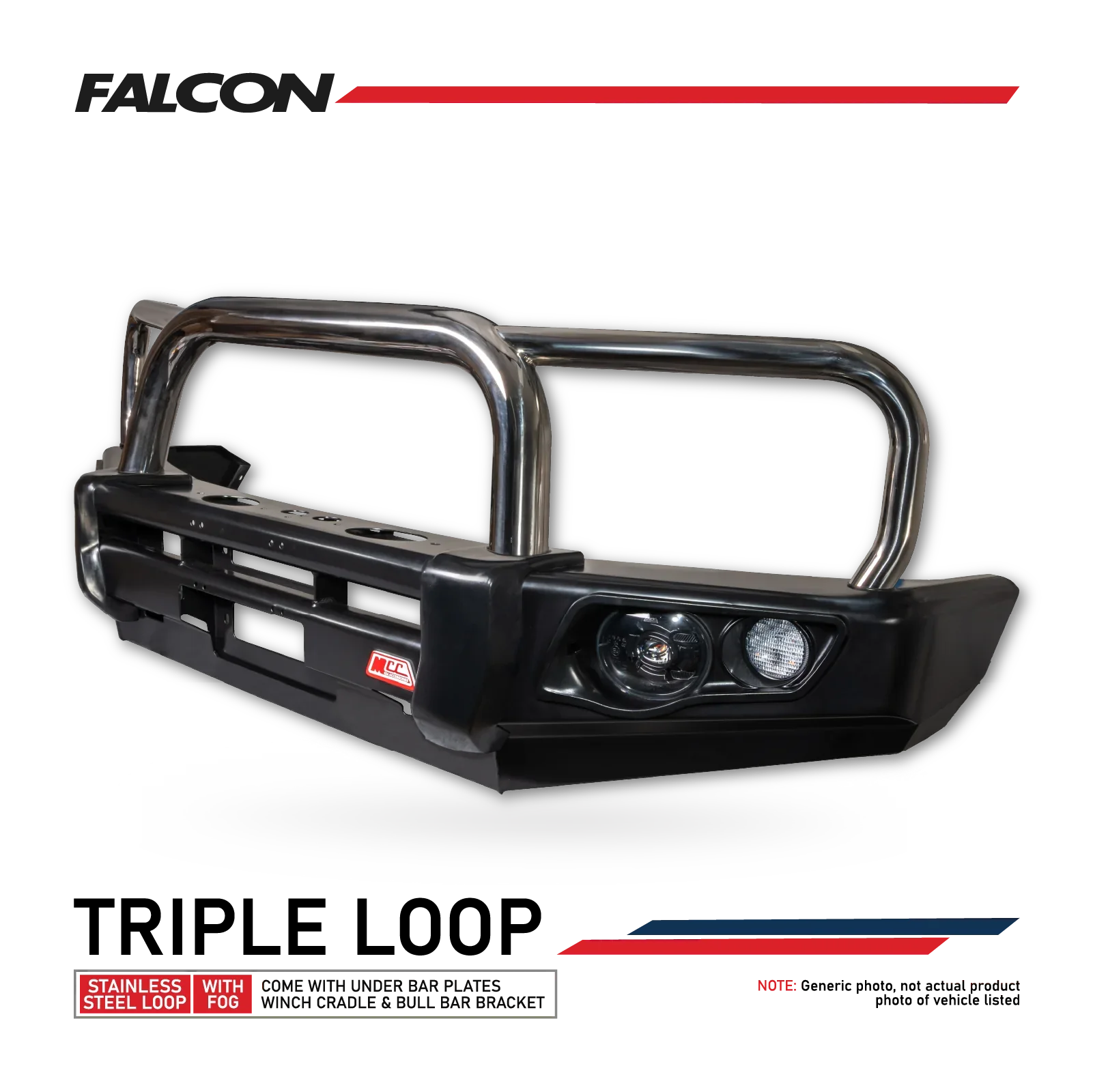 Hilux N80 2020-On 707-01 Falcon Bull Bar Triple Stainless Loops Package (LED Foglight) - SKU MCC-01021-701FOGUP
