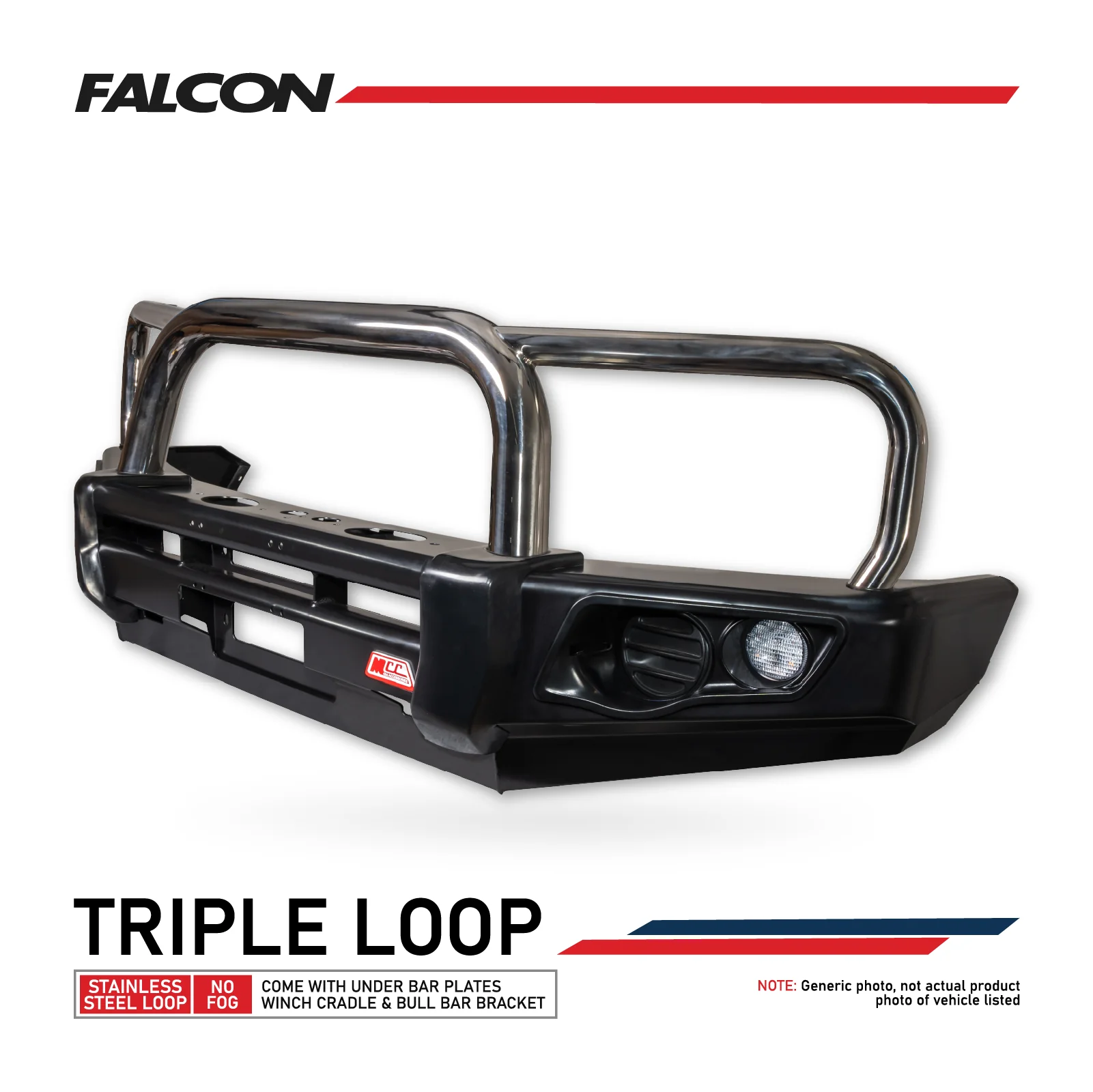 Hilux N80 2016-2025 Narrow 707-01 Falcon Bull Bar Triple Stainless Loops Package (No Foglight) - SKU MCC-01017-701NUP