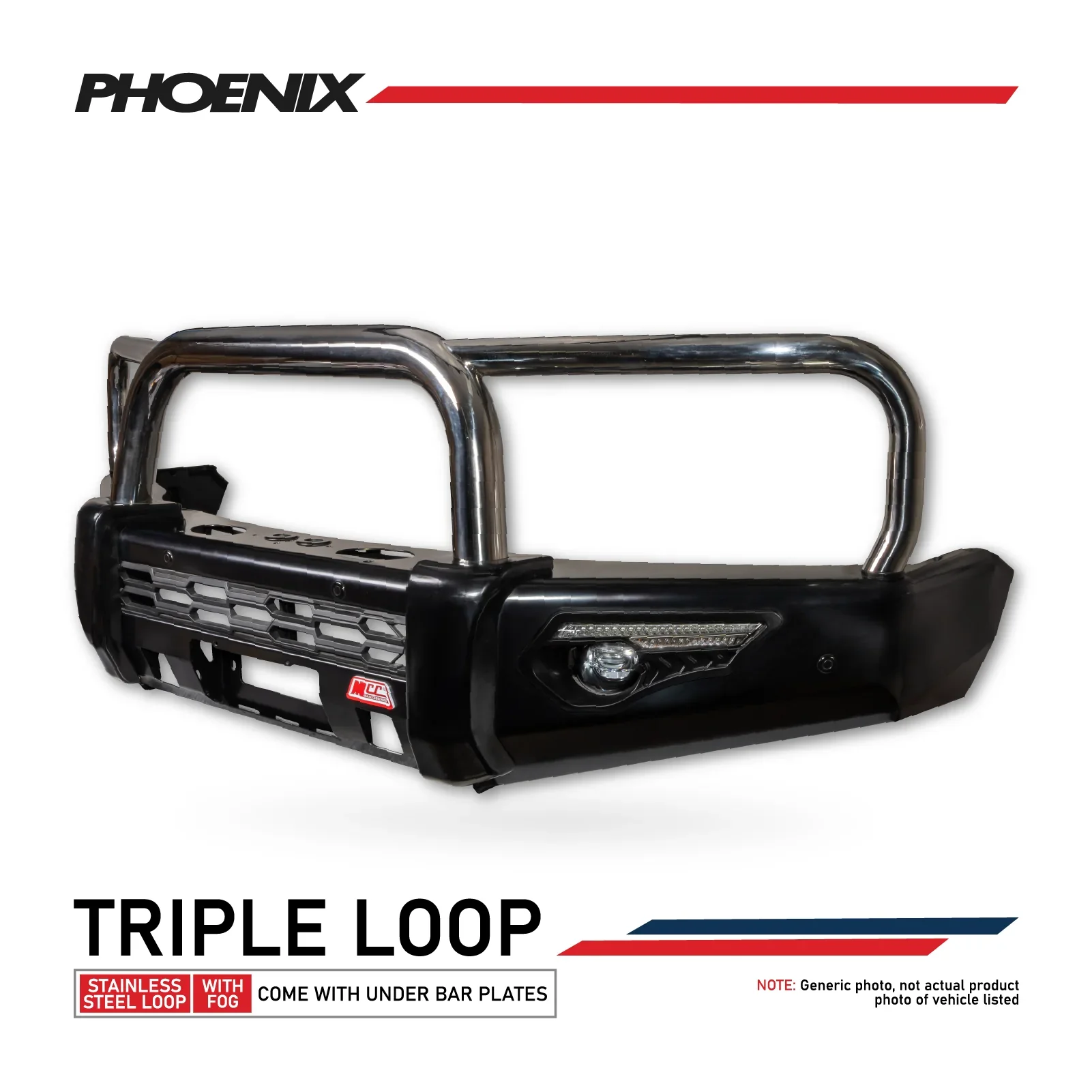 Pajero NS NX NT NW 2006-2021 808-01 Phoenix Bull Bar Triple Stainless Loops Package - SKU MCC-02004-801