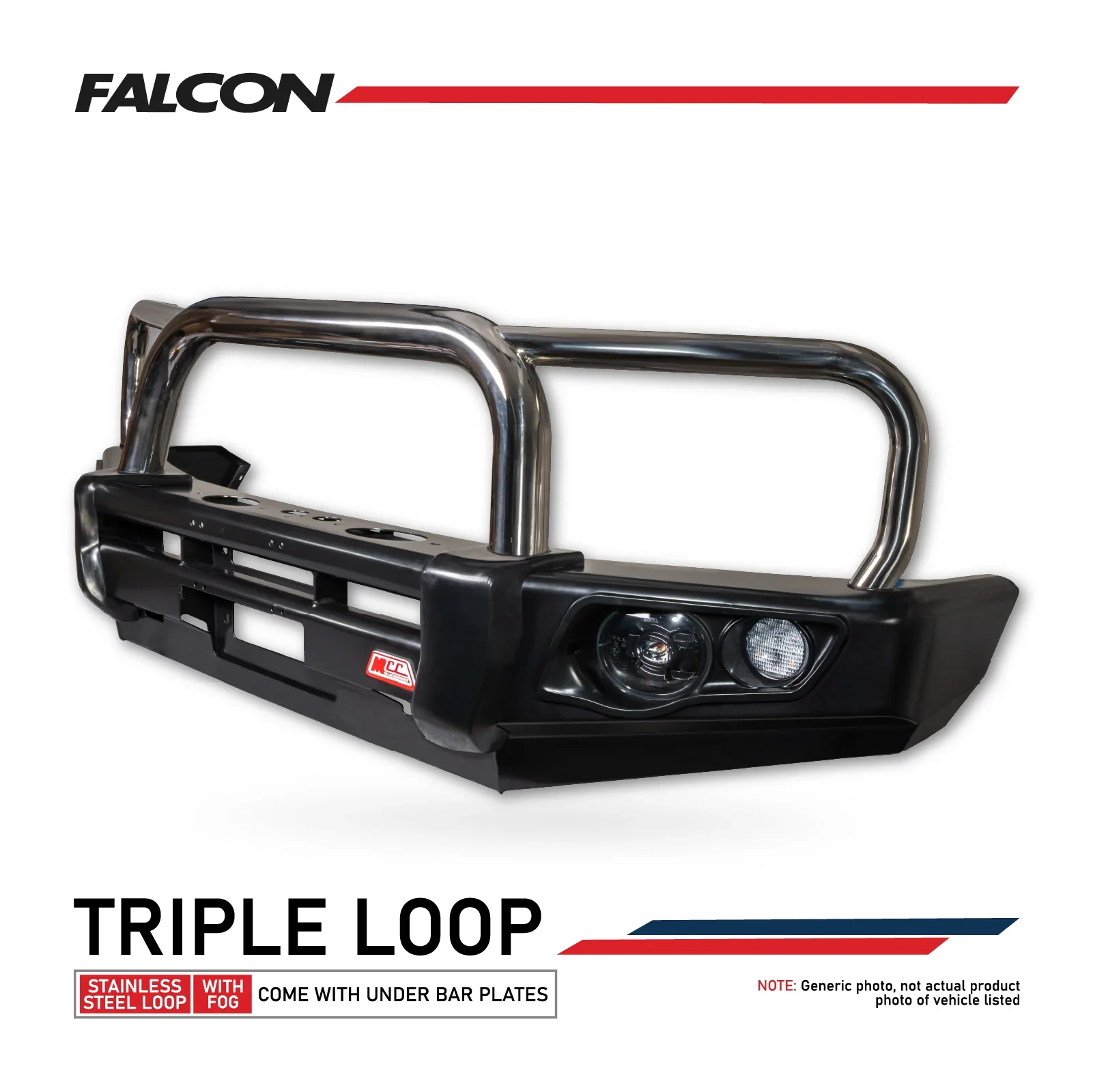 Patrol GQ (Wagon) 1987-1997 707-01 Falcon Bull Bar Triple Stainless Loops Package (LED Foglight) - SKU MCC-03001-701FOG