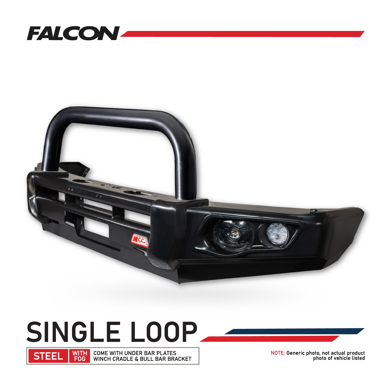 Prado 150 facelift 2017-Current 707-01 Falcon Bull Bar Single Black Loop Package (LED Foglight) - SKU MCC-01020-701SBLFOG